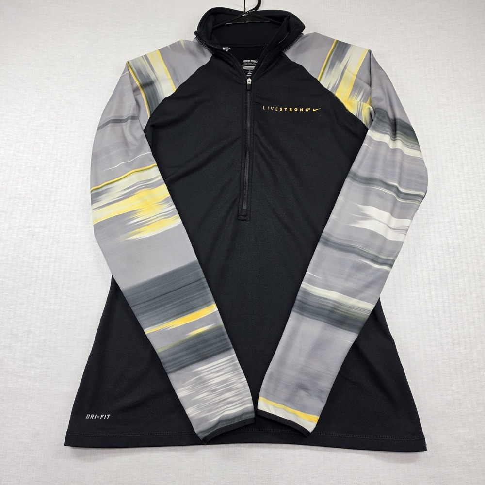 Nike Pro Black Grey Yellow Livestrong 1/4 Zip Long Sleeve L Athleisure Athletic